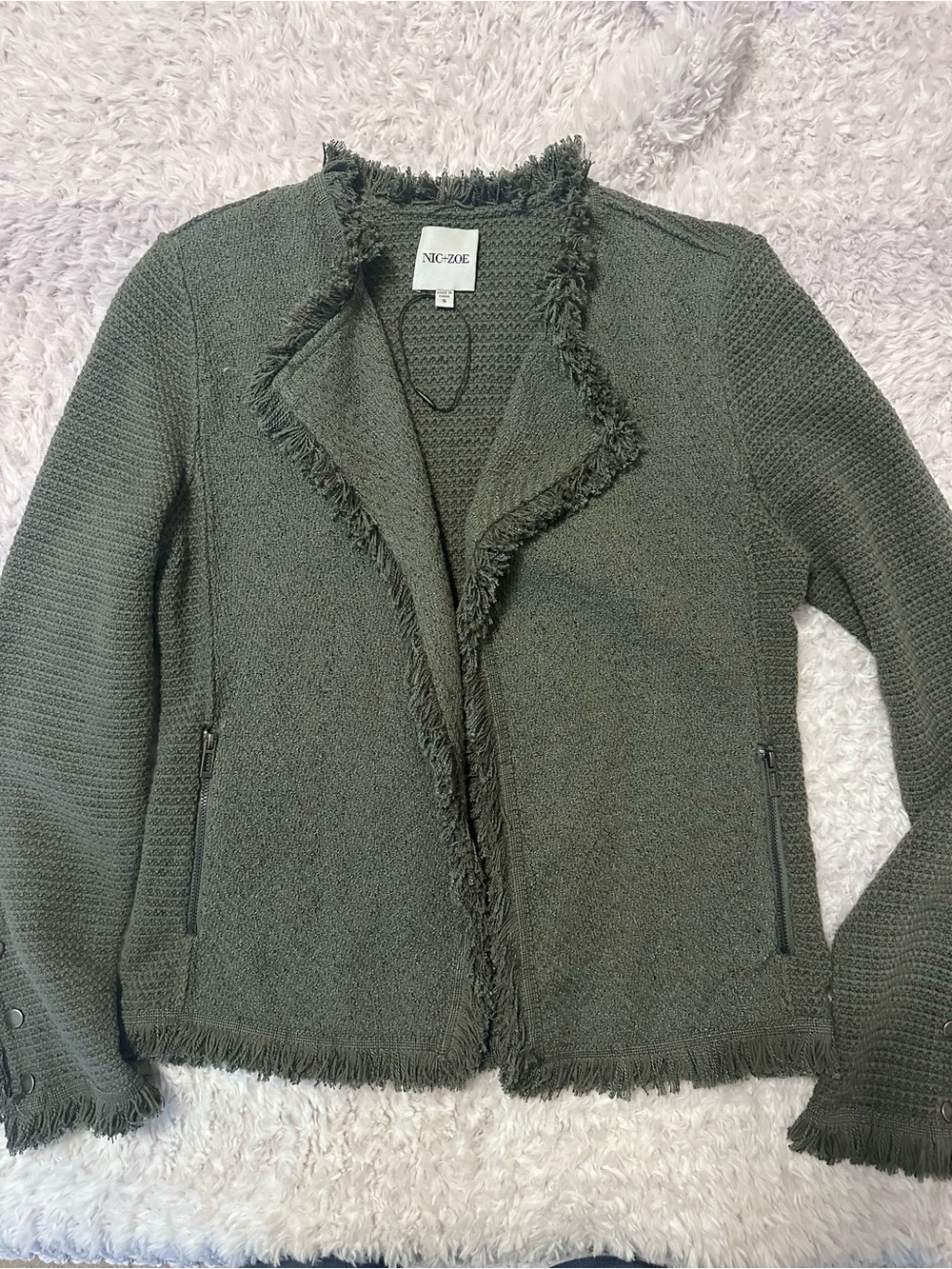 NIC+ZOE Olive Fringe-Trim Knit Blazer